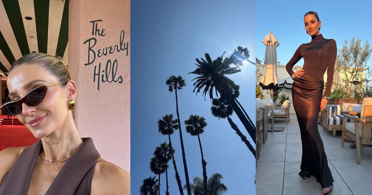 Kate Waterhouse in Beverly Hills — a triptych of a selfie outside The Beverly Hills Hotel, palm trees against a blue LA sky, and a chocolate brown evening gown on a rooftop terrace