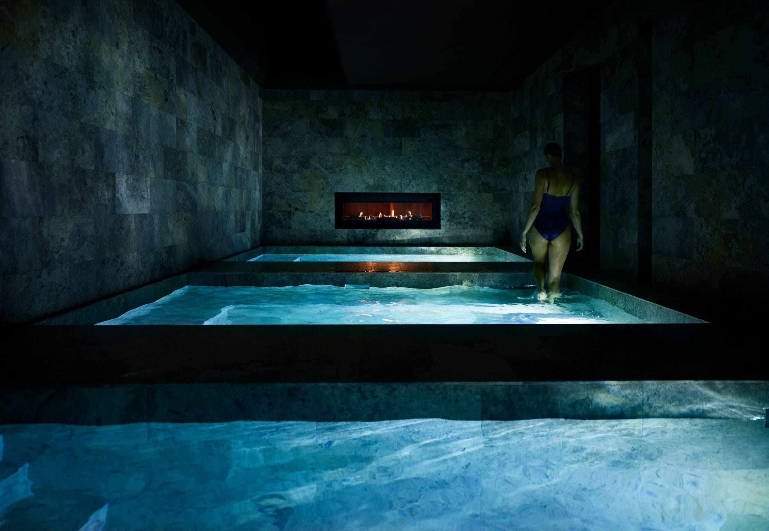 The Bathhouse Albion, travertine bathing spaces inside the Albion Fine Trades precinct