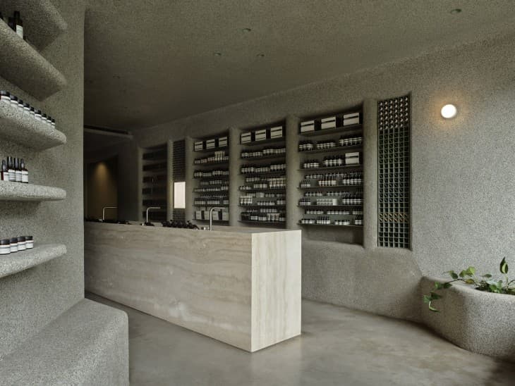Interior of Aesop Paddington store on Glenmore Road, designed by Clare Cousins Architects with swimming pool-inspired tiling and warm timber