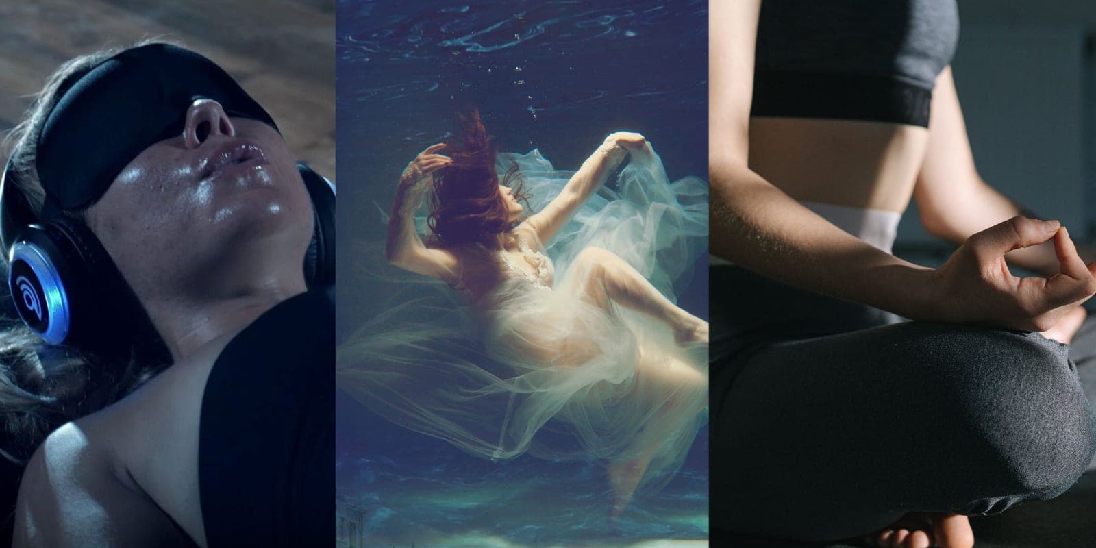 An ethereal underwater portrait of a woman floating in flowing fabric