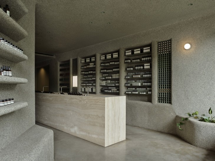 Interior of Aesop Paddington store on Glenmore Road, designed by Clare Cousins Architects with swimming pool-inspired tiling and warm timber