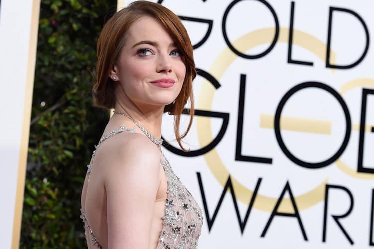Emma Stone wearing Tony Moly Kiss Kiss Lovely Lip Patch before Golden Globes red carpet