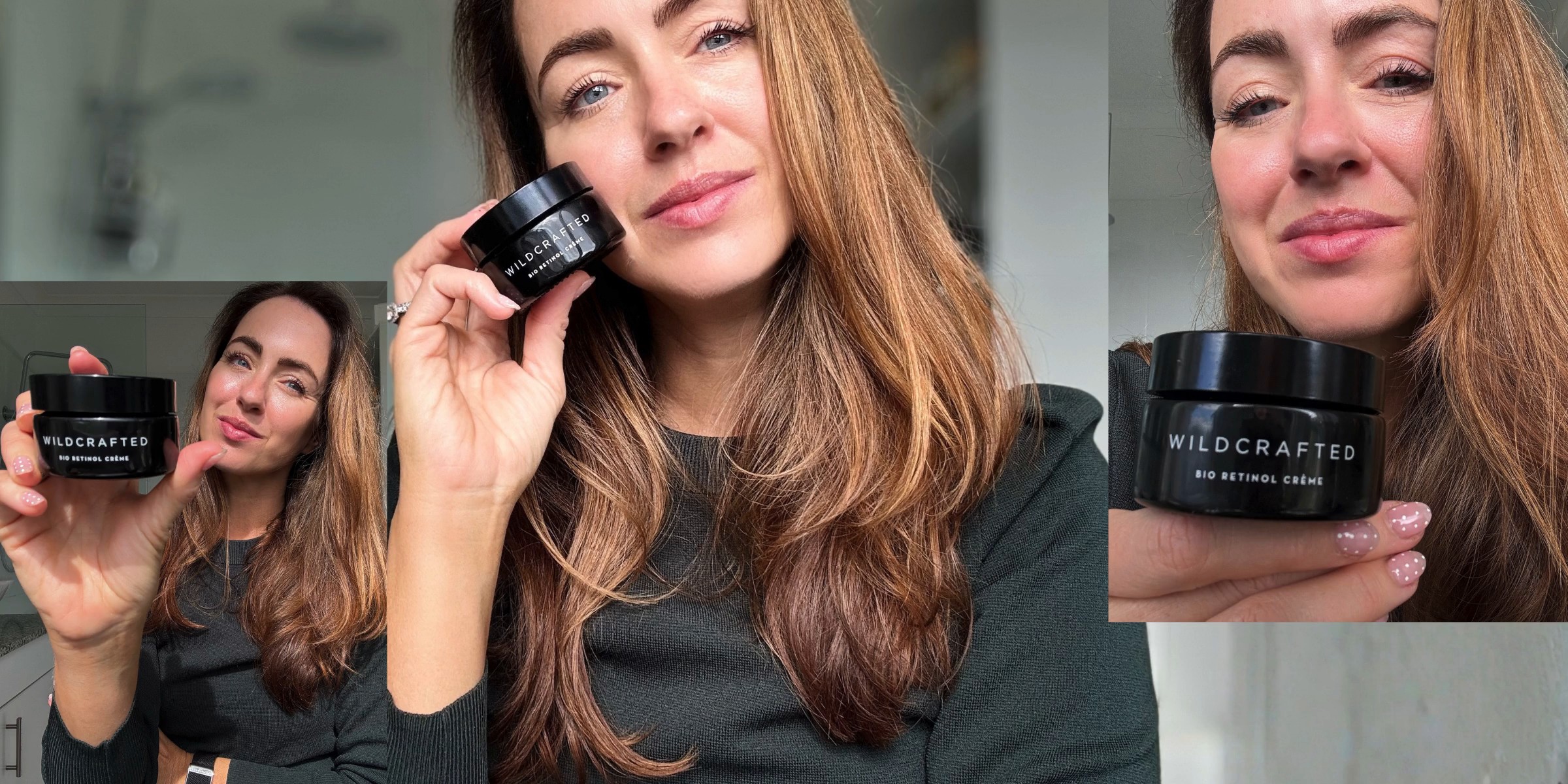 Sigourney holding the Wildcrafted Organics Bio Retinol Crème jar under her chin
