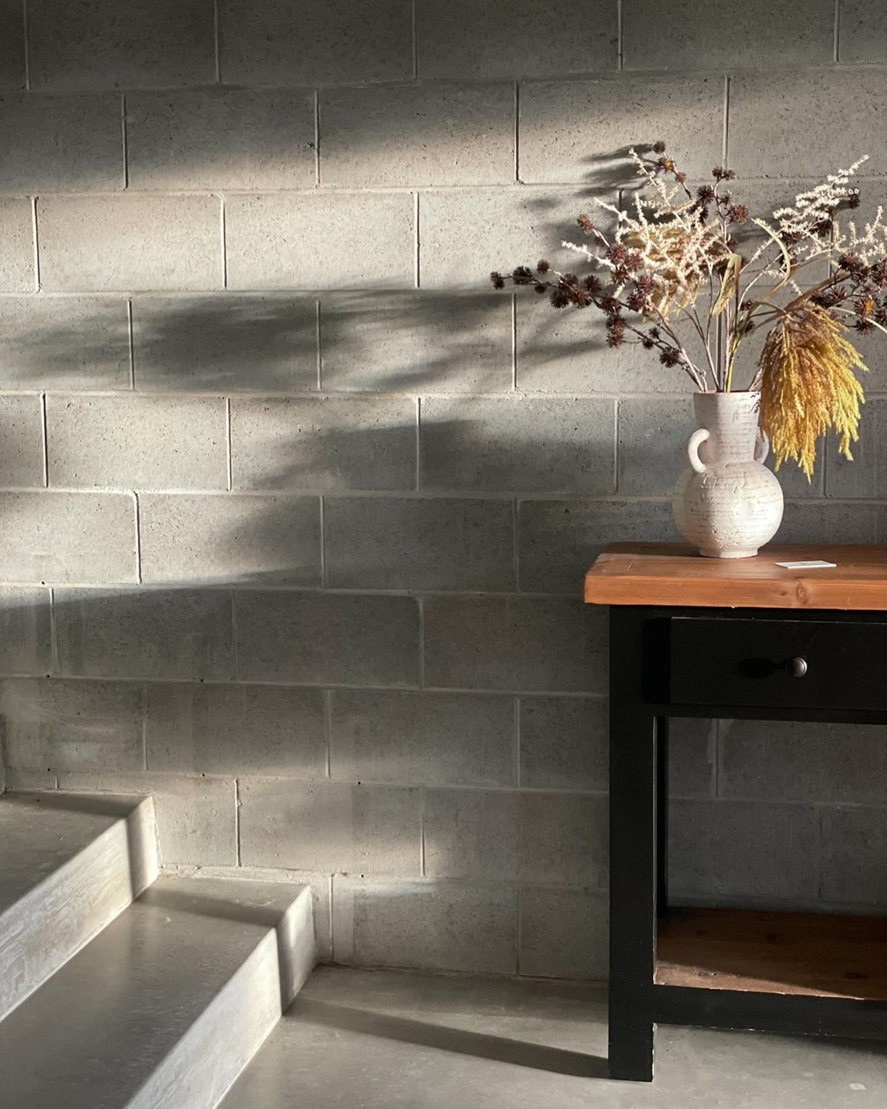 Afternoon light across a concrete-block wall, a timber console and a vase of dried flowers at The Facialist Noosa