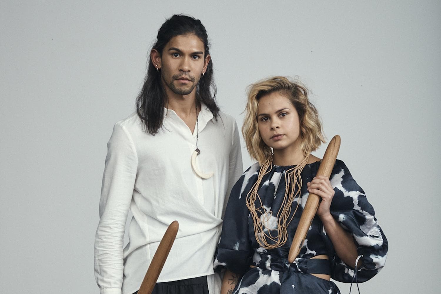 Indigenous dancers Tyrel Dulvarie and Lillian Banks performing with Bangarra Dance Theatre