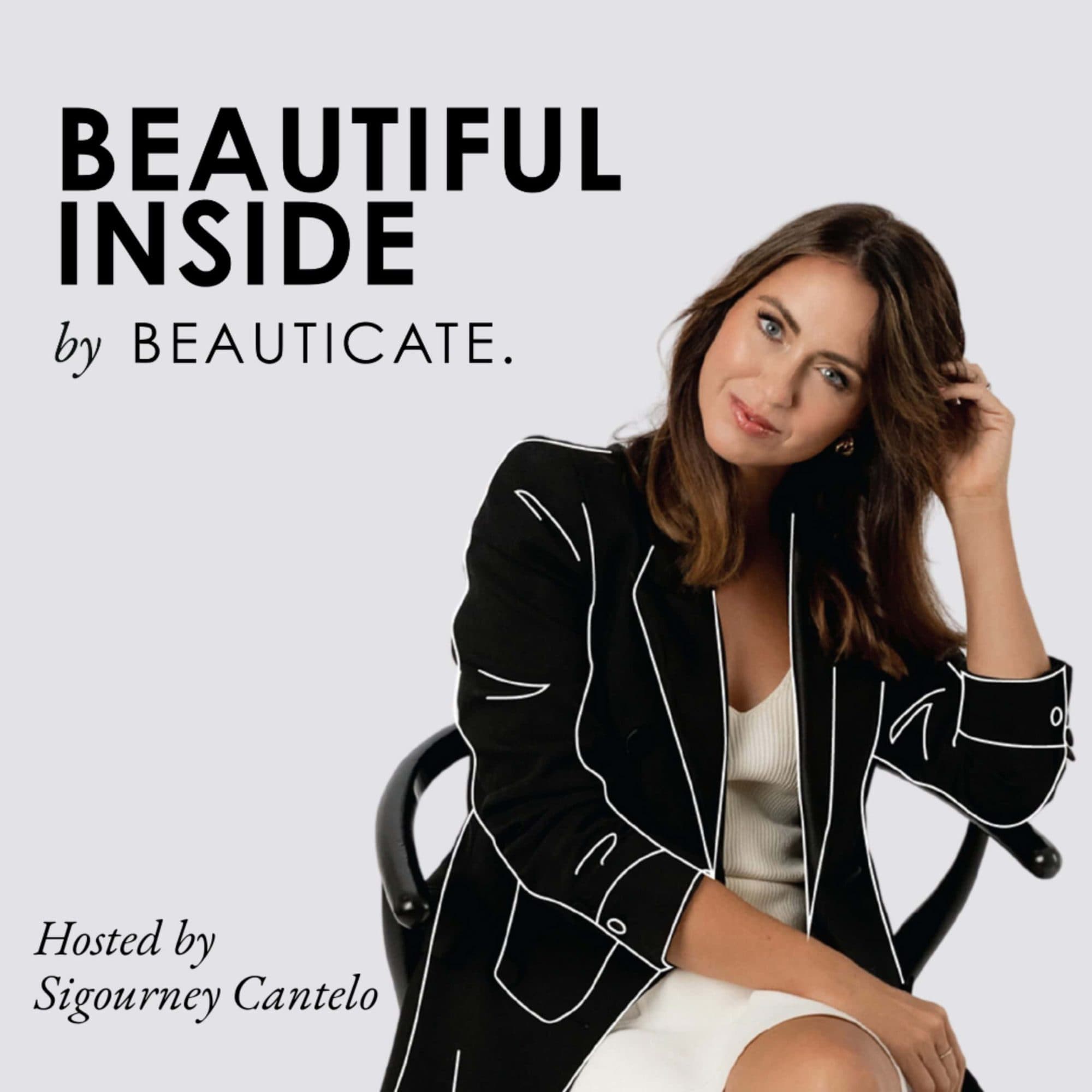 Beautiful Inside by Beauticate cover art, host Sigourney Cantelo in a black tailored blazer seated against a soft grey backdrop