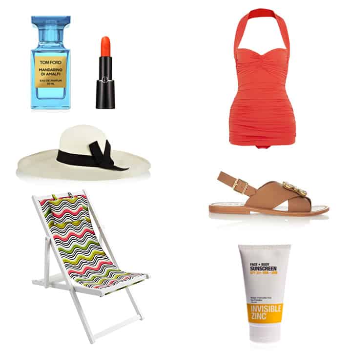  Tom Ford Mandarino Di Amalfi Fragrance, Georgio Armani Rouge D'Armani Lipstick in 300, Norma Kamali Bill Mio Swimsuit, Sensi Studio Lady Ibiza Straw Hat, Marni Crystal Embellished Sandals, Missoni x Target Deck Chair (available Ocober 8th) and Invisible Zinc Face & Body Sunscreen SPF 30+ 