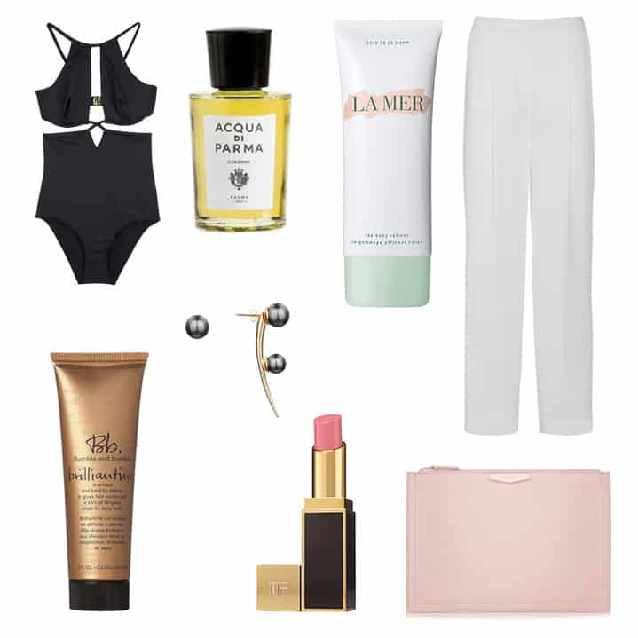  Ephemera Noir Split One Piece, Acqua Di Parma Colonia Fragrance, La Mer The Body Refiner,  Stella McCartney Constanza Wide-leg Pants, Ryan Storer Drop Hook Earring with Floating Pearl,   Bumble and Bumble Brillantine,  Givenchy Medium Antigona Clutch 