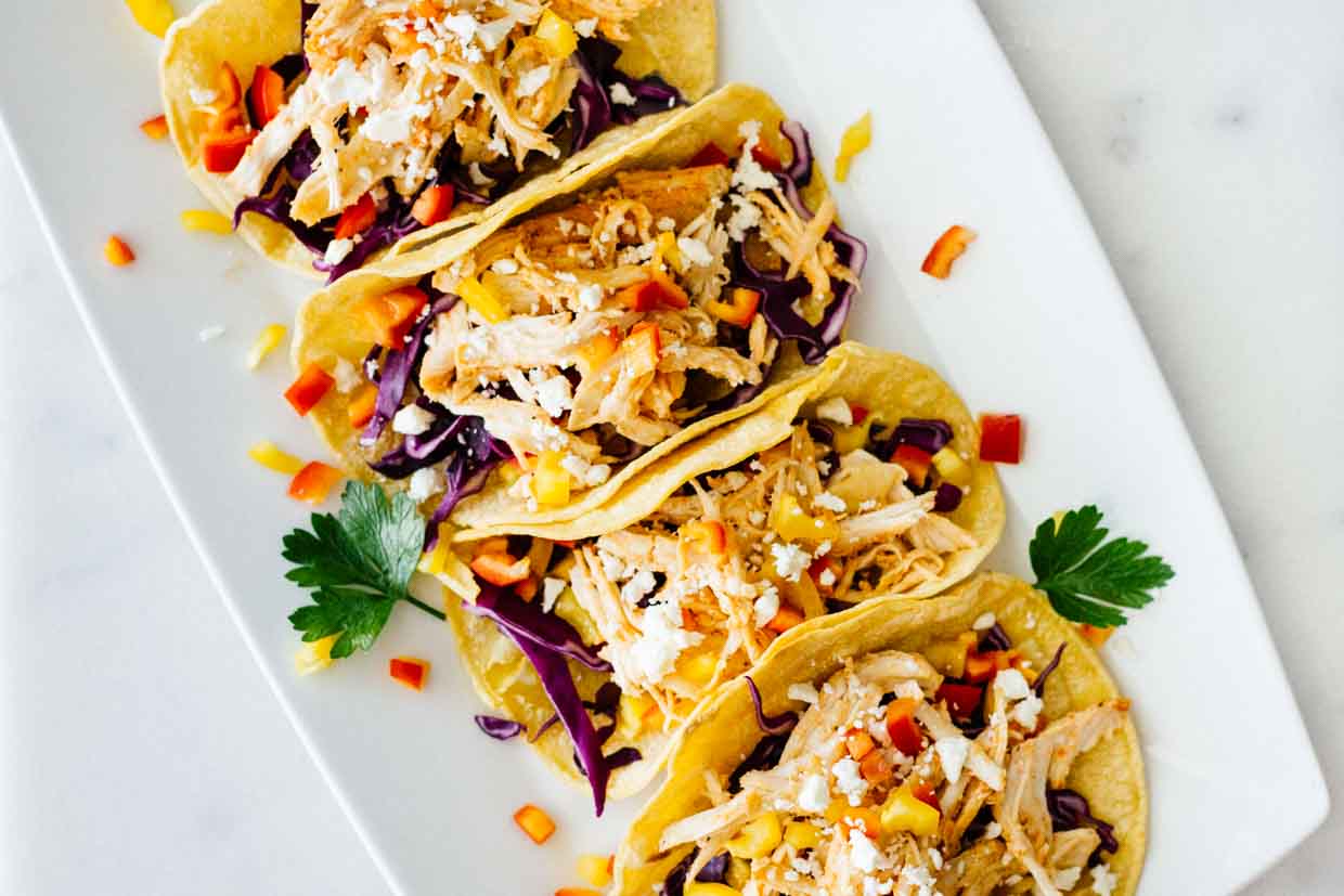 Healthy sriracha shredded chicken tacos landscape