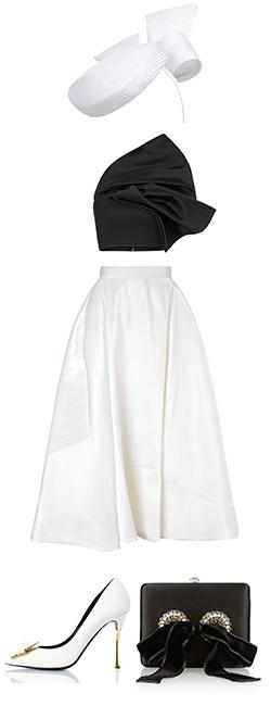 Nerida Winter Amber Back Bow Cocktail Hat, Matičevski Persistance Bustier And Trapeze Skirt, Nicholas Kirkwood White And Gold Point Heels, Alexander Mcqueen Black Bow Clutch