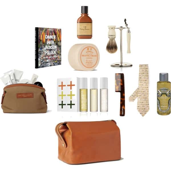  C.O. Bigelow Bay Rum Aftershave Balm ,  Assouline Dinner with Jackson Pollock ,  D R Harris Sandalwood Shaving Cream ,  D R Harris Shaving Set ,  Baxter of California Grooming Set and Want Les Essentiels De La Vie Wash Bag ,  Malin + Goetz Perfume Oil Kit ,  Tom Ford Beard Comb ,  Hermes Vintage Rabbit Print Tie ,  Sisley Huile Bain Eau de Campagne ,  Kingsman + Swaine Adeney Brigg Leather Wash Bag 