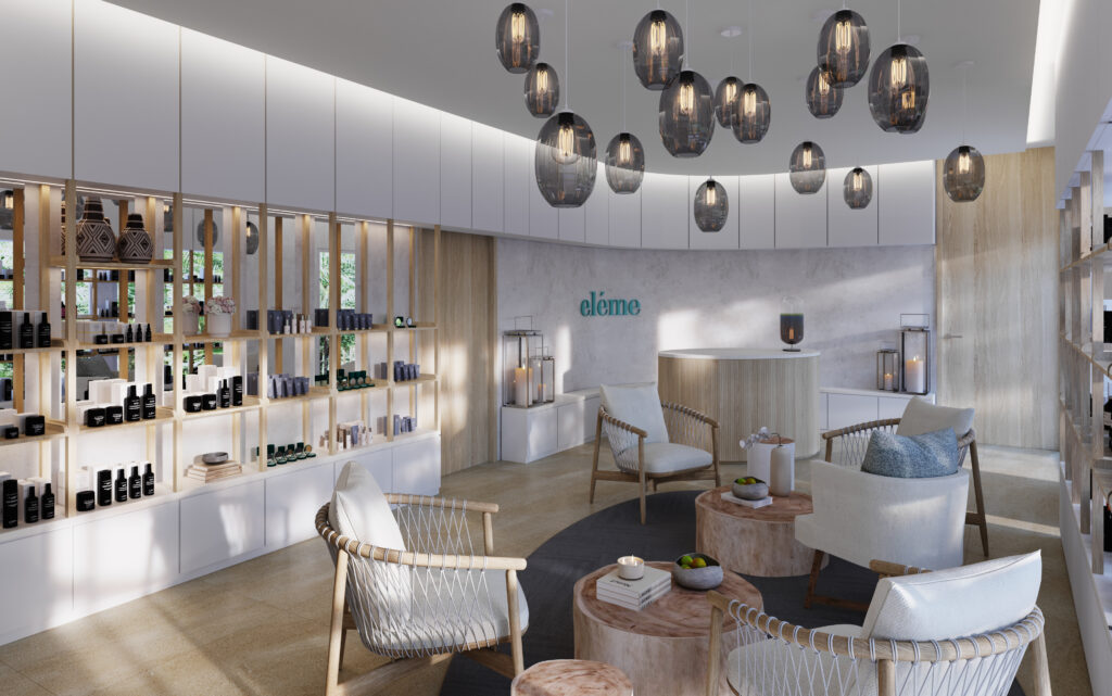 Eléme Day Spa reception lounge with curved shelving of botanical products at Crystalbrook Byron