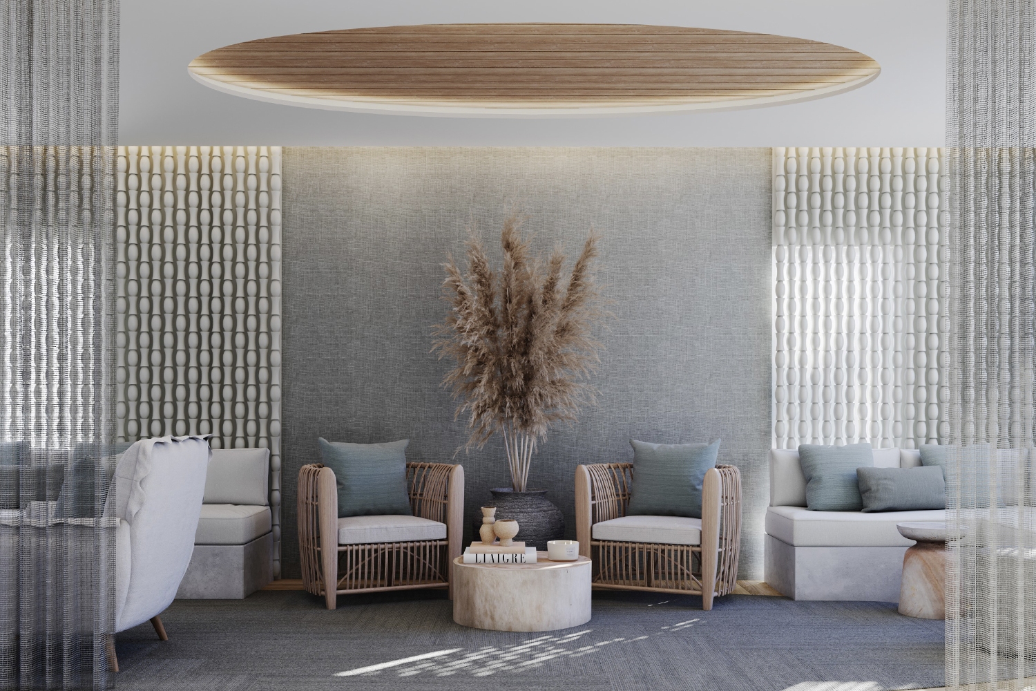 Eléme Day Spa relaxation lounge with rattan chairs and pampas grass styling