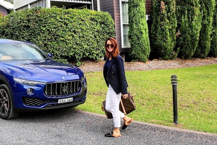 With the Mas; Wearing J Brand Denim, Boden Blazer and Gucci Princetown Slippers