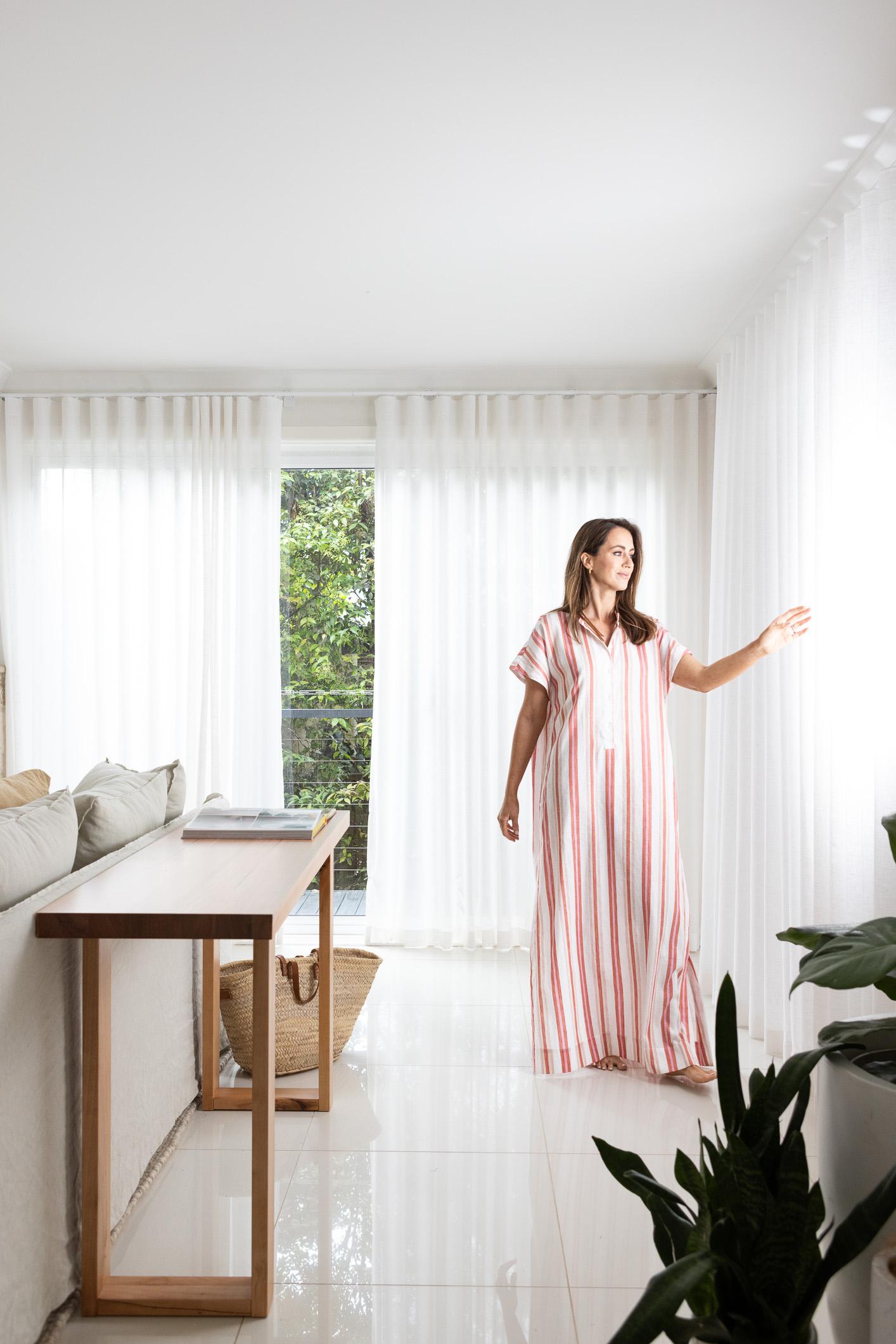 Close view of Oakbank Linen sheer curtain fabric showing s-fold drape and texture