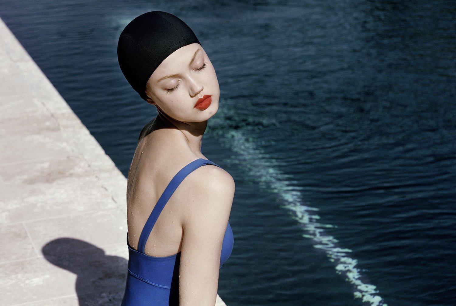 Model Lindsey Wixson for Eres in a wellness lifestyle editorial holding shot, 2014