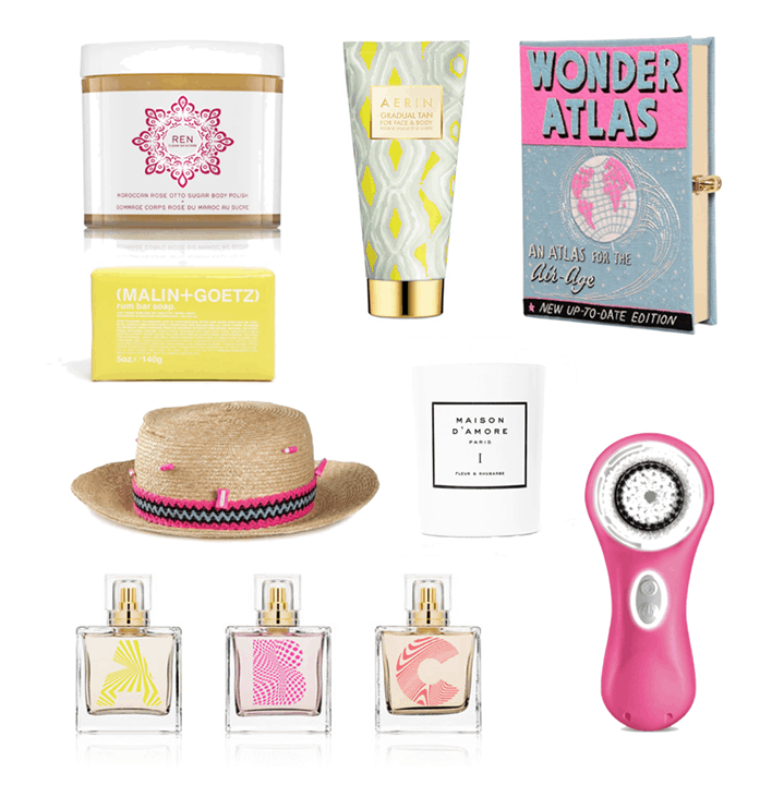  Ren Moroccan Rose Otto Sugar Body Polish ,  Aerin Beauty Limited Edition Gradual Tan for Face and Body ,  Olympia Le-Tan Wonder Atlas Embroidered Book Clutch , Malin + Goetz Rum Bar Soap ,  Olympia Le-Tan Woven Boater Hat ,  Maison D’Amore Fleur & Rhubarbe Candle ,  Karen Walker ABC Eau De Parfum ,  CLARISONIC MIA 2 