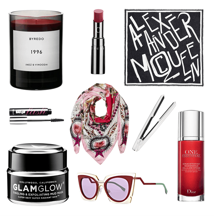  Byredo 1996 Candle ,  Chantecaille Lip Chic Lipstick in Amaryllis ,  Alexander MqQueen Scarf ,  Benefit Bad Gal Lash Mascara ,  Givenchy Scarf , GHD Opal,  Glam Glow mud mask ,  Fendi SUNGlasses ,  Dior One Essential 